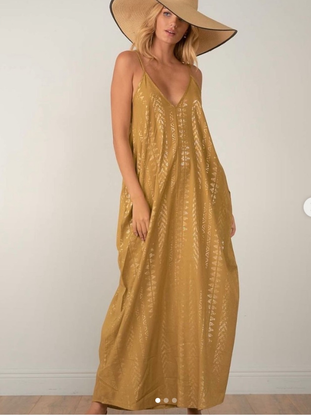 Golden Bohemian Summer Dress Golden V-Neck Maxi Dress with Spaghetti Straps